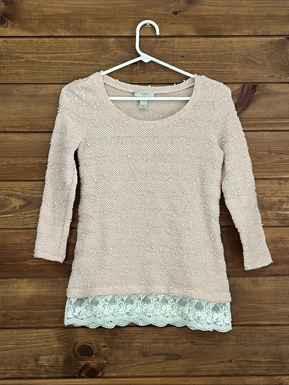 LOFT Blush Pink Scoop Neck Textured Knit Sweater with Lace Trim Size Small